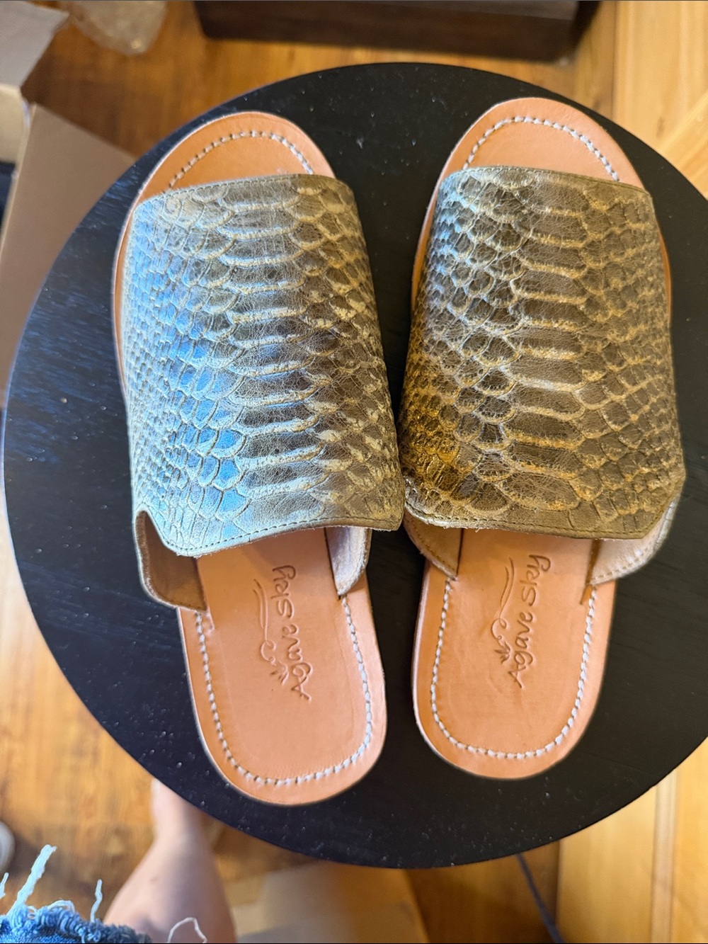 Textured Olive Green Slide Mules with Tan Footbed
